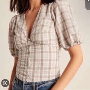Abercrombie and Fitch Plaid V-Neck Puff Sleeve Top